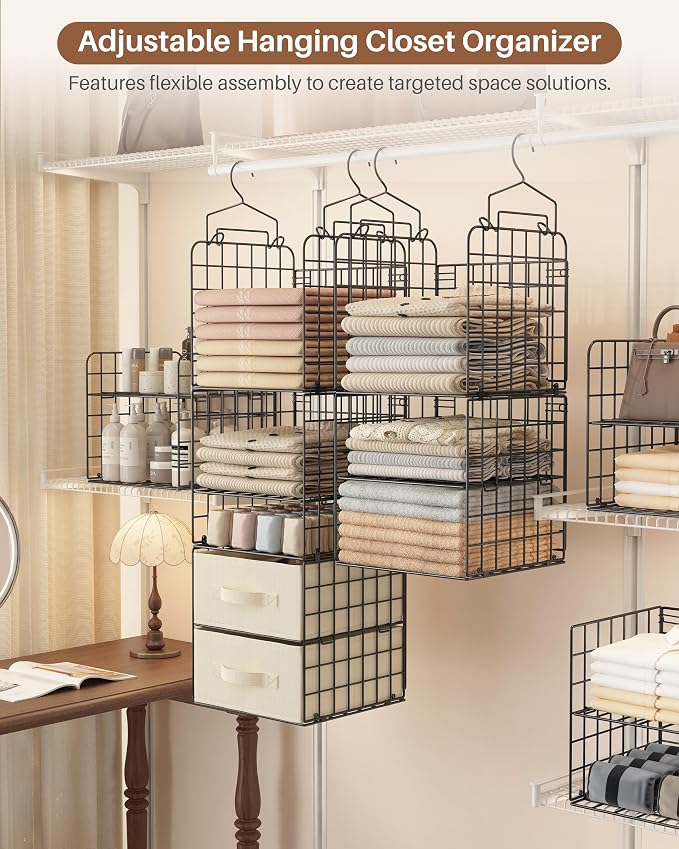 4 Pack Metal Hanging Closet Organizer, Adjustable Wire Shelves with 2 Fabric Drawers, Heavy Duty Foldable Clothes Storage Rack | No Sag Foldable Storage Rack for Clothes, Sweaters, Socks, Hats, Small Closets, Apartments, Dorms