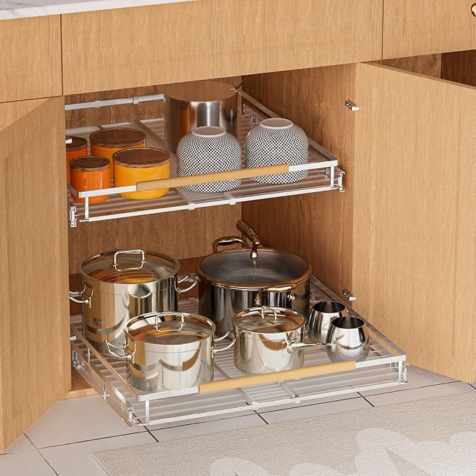 SANNO Pull Out Cabinet Organizer, Expandable Slide Out Organizer shelf for Kitchen Cabinets Organizer, Sliding Pantry Shelves - Roll Out Shelf Storage for Pots, Pans