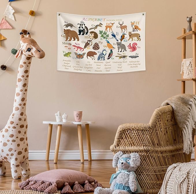 Classroom Wall Flag Decor-Teacher Gift-Inspirational Back to School Wall Banner Decor-Woodland Alphabet-Hanging Rectangular Canvas Banner for Classroom Teacher Office Reading Corner