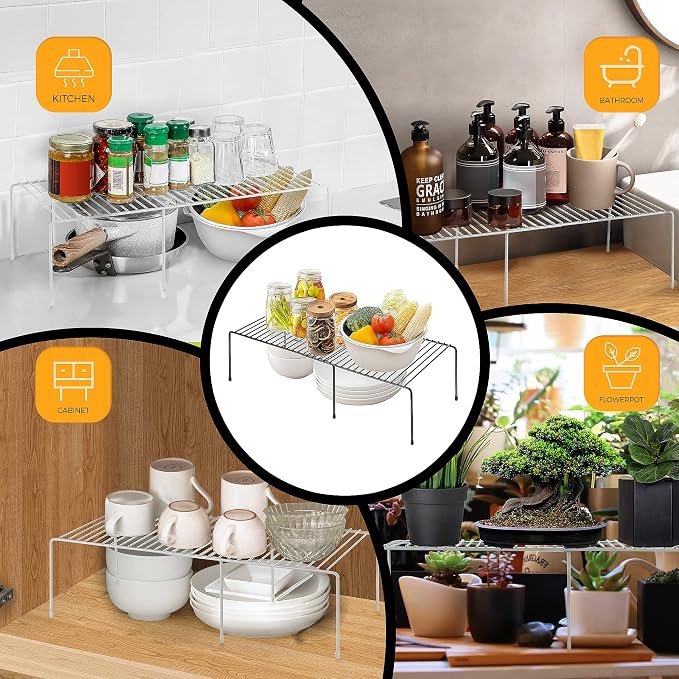 Ravinte 2 Pack Freezer Shelf Organizer, Expandable Cabinet Storage Shelf with Rustproof Metal Wire, Adjustable Kitchen Cabinet Organizer Spice Rack for Frige, Pantry, Cupboard, Countertop - White