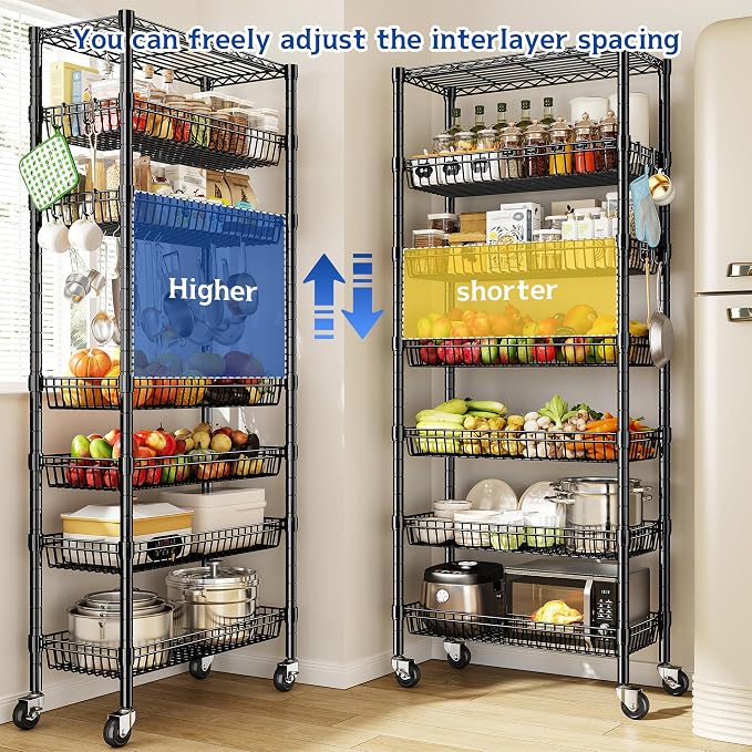 DurayLoly 7-Tier Wire Shelving Unit with Basket Shelf & Locking Wheels, Storage Shelves with Hooks for Space-Saving Kitchen Pantry Bathroom Closet Organizer, 72" H x 30" W x 14" D, Black