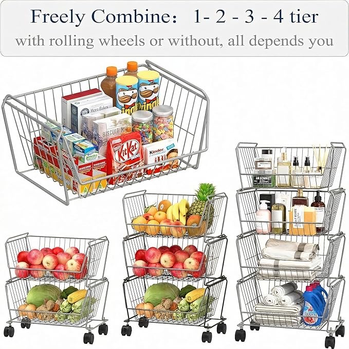 PUSDON Stackable Metal Storage Carts, Dual Use Shelf for Kitchen Fruit Vegetable Baskets with Wheels, Storage Rack for Living Room, Home & Office, Standard Silver Grey 4 Tiers