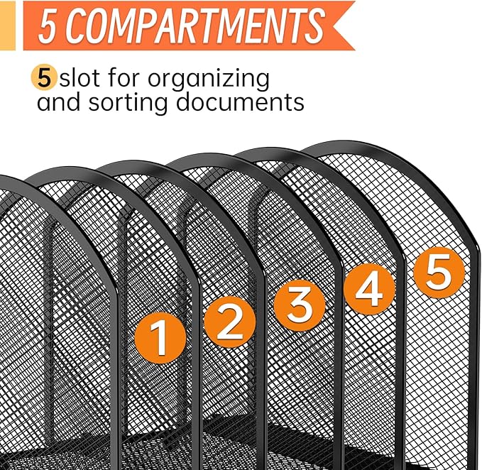 MINDEPOT 5-Section Desk File Organizer, Vertical Desktop File Holder Mail Sorter File Folder Holder Organization for Office School & Classroom (Black - 1Pack)