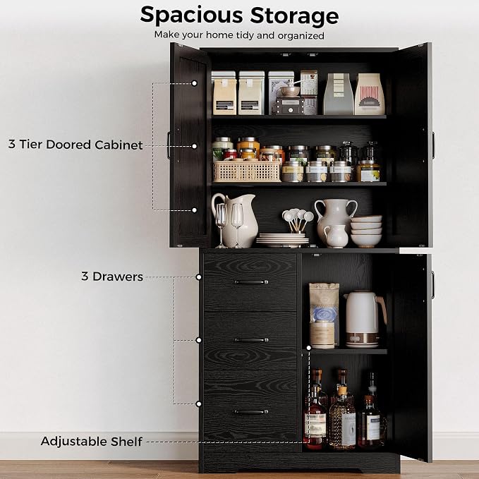 IRONCK Pantry Cabinet, 67.5 inch Tall Storage Cabinet with 3 Doors & Drawers, Farmhouse Kitchen Cabinet with Adjustable Shelves, 5 Tier Freestanding Cupboard for Kitchen, Black
