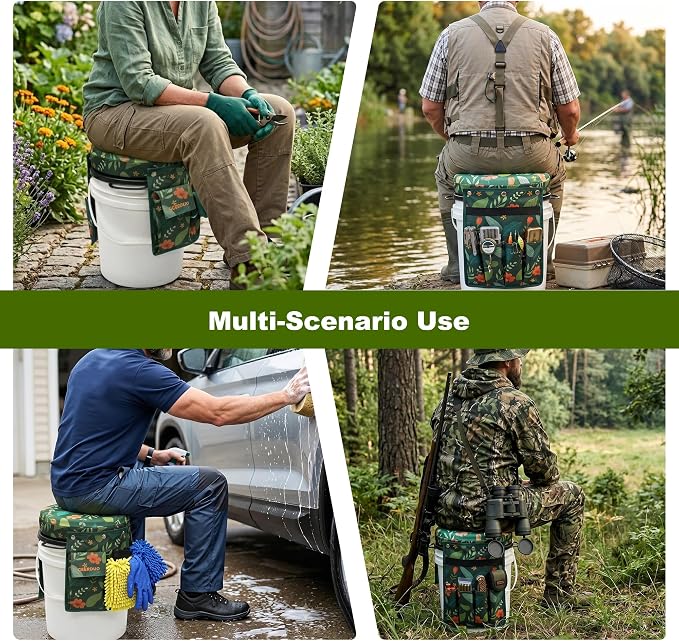 5 Gallon Swivel Bucket Seat Lid with Tool Organizer Bag, 360° Silent Rotating Padded Cushion (3" Thick), Waterproof Bucket Cover Stool for Gardening, Fishing, Hunting, Car Wash