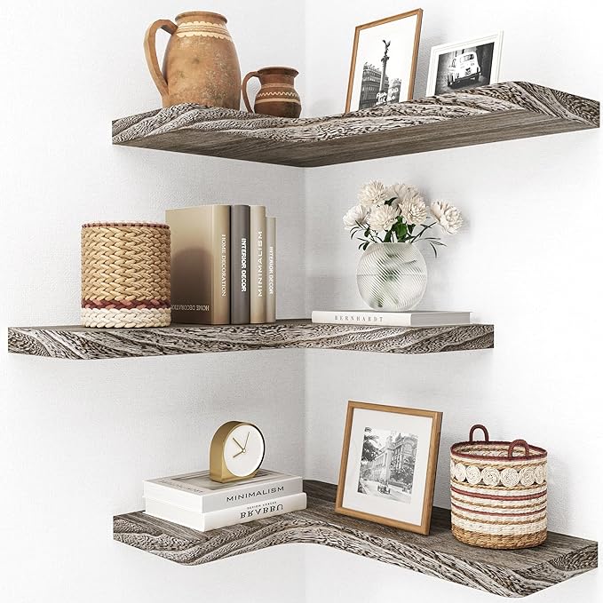 fuqing Floating Corner Shelves, Wall Shelf Set of 3, Shelves for Wall Storage, Solid Wood Shelves for Storage, Wall Mount Wooden Display Shelf for Bathroom Bedroom Kitchen Garage, Weathered