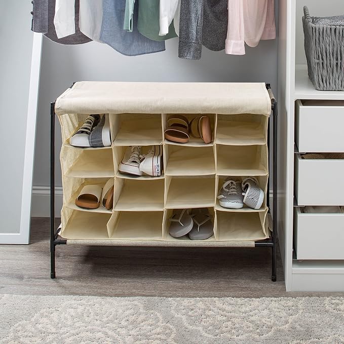 Simplify 16 Pair Shoe Rack with Cover | Stackable | Storage & Organization | Closet | Bedroom | Entryway | Beige