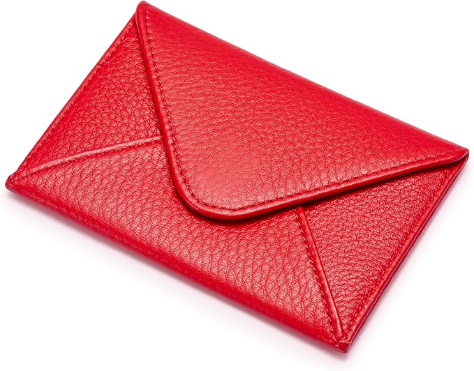 HISCOW Italian Pebbled Leather Business Card Holder, Minimalist Full Grain Envelope Card Case with Hidden Magnetic Closure, 0.19 Inch Slim Front Pocket Wallet for Men and Women, Rosso Red