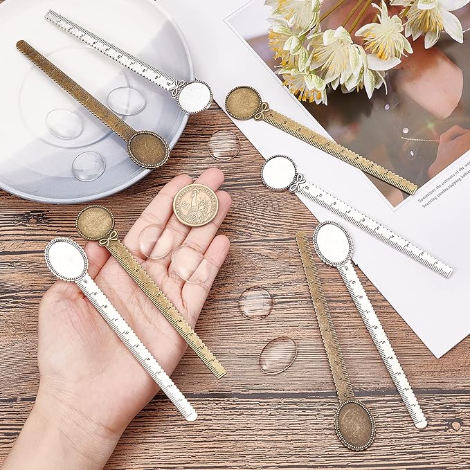 SUNNYCLUE 1 Box 16Pcs DIY 8 Sets Bookmarks Vintage Style Bookmark Making Kit Ruler Metal Book Mark Trays Glass Clear Dome Cabochon Oval Round Blank Flower Pattern Tray for DIY Craft Handmade Gift