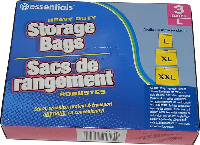 essentials(TM) Heavy Duty Clear Plastic Storage Bags w/Zip-Lock & Carry Handle, 3-Count Large (Pack of 4)