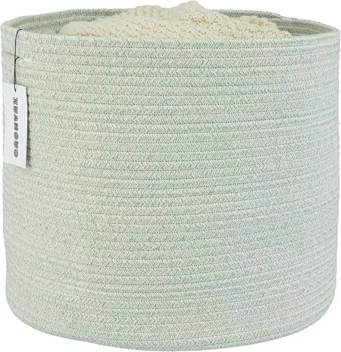 XUANGUO Cotton Rope Woven Basket, 16x14 in Kids Laundry Basket, light green | Round blanket basket and small laundry basket; baby hamper or nursery storage bin for girls, boys, toys, clothes and shoes