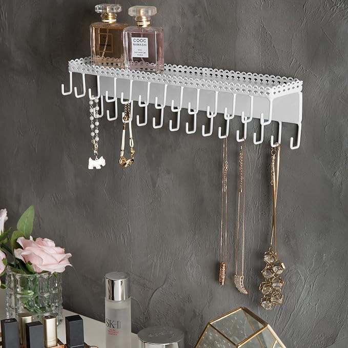 MyGift White Metal Wall-Mounted Jewelry Hanging Shelf with 26 Necklace Hooks, Set of 2