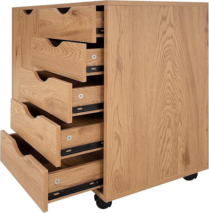 Naomi Home Wooden 5 Drawer Dresser with Cabinet Shelves and Wheels, Drawer Dresser for Bedroom Closet and Dressing Room Storage in Natural