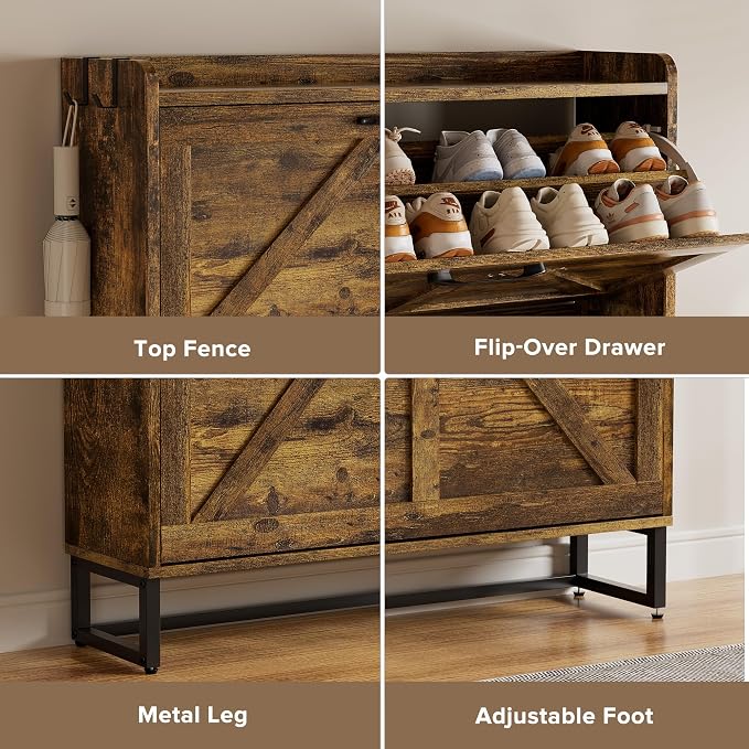 EOYUTLLY Shoe Cabinet Storage for Entryway, Narrow Shoe Rack with 3 Flip Drawers, Freestanding Hidden Shoe Rack Storage Organizer, Slim Shoe Cabinet Rustic Brown with Metal Legs