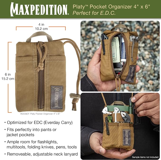 MAXPEDITION Platy Pocket Organizer, Durable EDC Tool Pouch for Men, Neck Wallet with Paracord Lanyard, Holds Flashlight, Multitool, Pen, Notebook