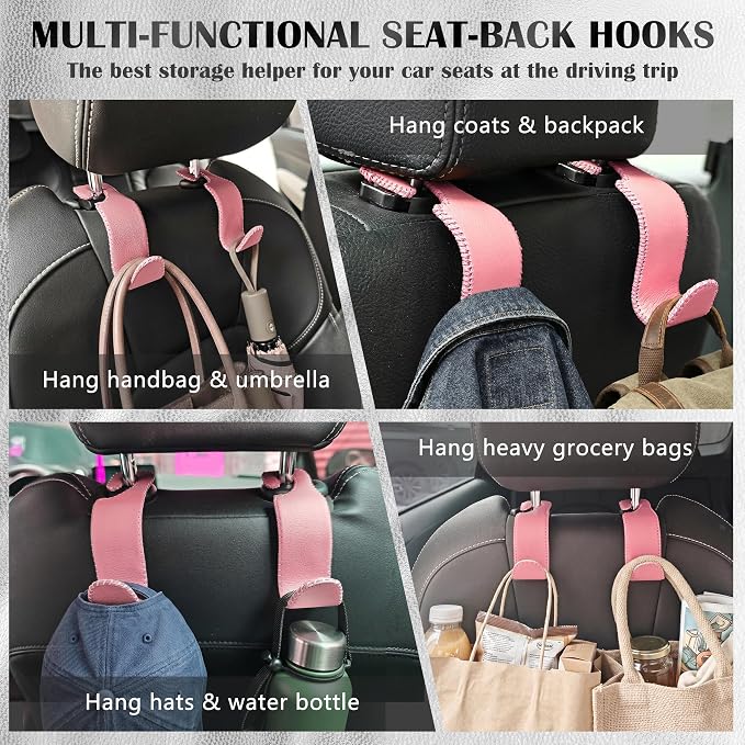 Amooca Car Seat Headrest Hook Universal Vehicle Storage Hanger Leather with Metal Car Seat Back Organizer for Handbag Purse Coat Pink 4 Pack