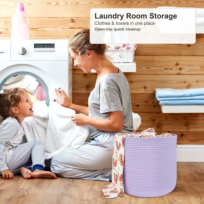 XUANGUO Cotton Rope Woven Basket, 16x14 in Kids Laundry Basket, purple | Round blanket basket and small laundry basket; baby hamper or nursery storage bin for girls, boys, toys, clothes and shoes