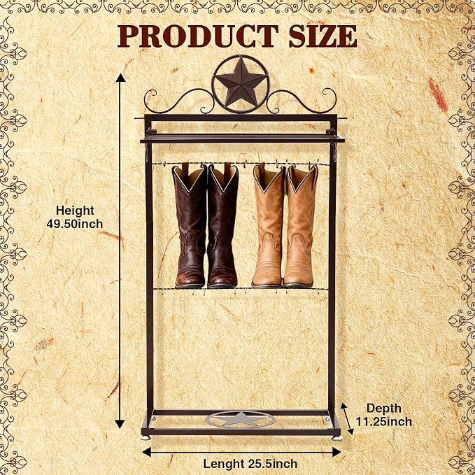 Novabright Western Boot Rack for 4 Pairs, Metal Star Freestanding Cowboy Boot Rack Vertical Organizer Storage Rustic Western Tall Boots Organizer Shelf for Tall Boots Hats Belts and Accessories