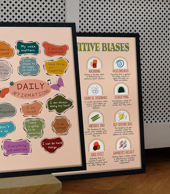 LOLUIS Mental Health Poster, Boho Therapy Tools Educational Supplies Art Print Classroom School Office Decor (Daily Affirmations, Custom Frame Type)