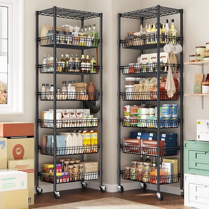 DurayLoly 7-Tier Basket Shelf Wire Shelving Unit with Wheels, Adjustable Storage Shelves with Hooks, 72" H x 24" W x 14" D Pantry Shelves for Kitchen, Bathroom, Closet & Small Spaces, Black