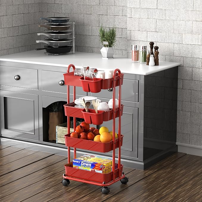 Simple Houseware 4-Tier Rolling Utility Cart with Hanging Bucket, Red | Storage for Bathroom, Kitchen, Office, Study Room, Nursery Diaper