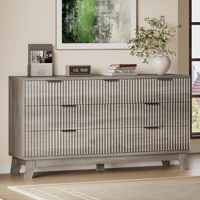 BORNOON 57" Long Dresser for Bedroom, 7-Drawer Fluted Chest, Wide Wood Storage Dresser with Metal Slides and Handles, Stable Base, Modern Clothes Organizer for Primary Suite, Guest Room, Nursery