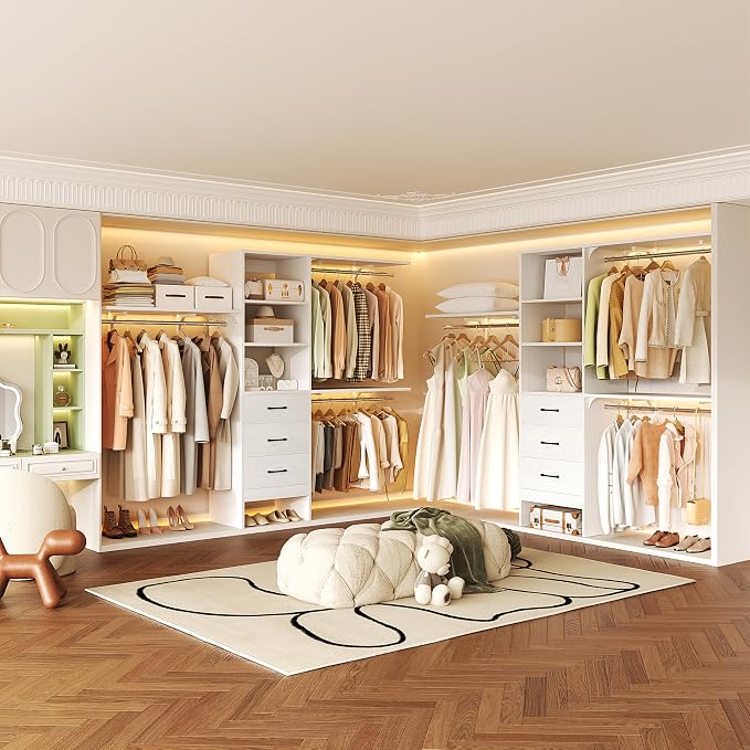 8FT Closet System, 96'' Closet Organizer System with 3 Hanging Rods, Wall Mount Bedroom Wardrobe with 3 Drawers Walk-in Closet, Adjustable Cloth Garment Rack from 5 to 8FT (Cut to Fit), Oak&White