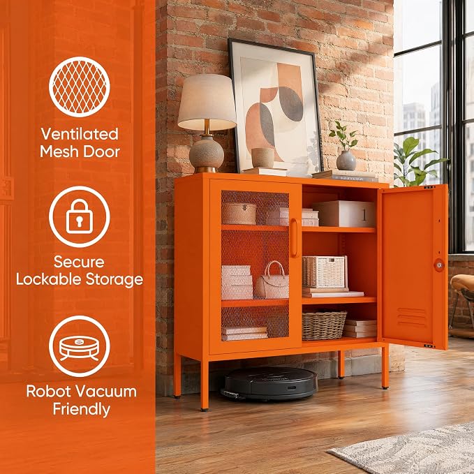 Lockable Metal Storage Cabinet Locker, Multifunctional Versatile Storage Lockers with Adjustable Shelves and Mesh Door, Durable Metal Sideboard Furniture for Restaurant Home Office Orange