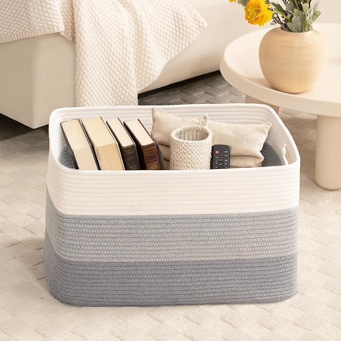72L Large Woven Laundry Basket Hamper with Handles, Gradient Grey | 22"x17"x12", collapsible wicker hamper, storage for dirty clothes, toys, blankets, gifts, living room, bedroom, bathroom