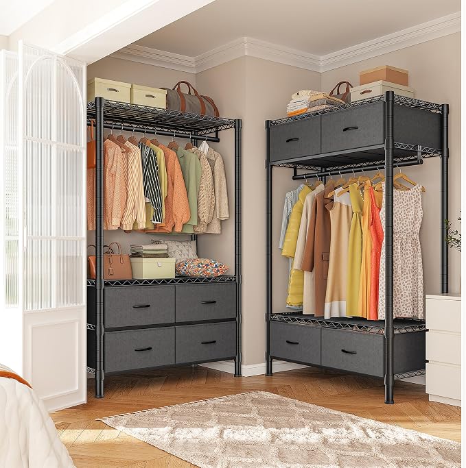 Raybee Clothes Rack, Portable Closet for Bedroom, Dorm, 4 Drawers 4 shelves | Heavy Duty, Tool-Free Assembly, Freestanding, Multi-Function, Adjustable, DIY Layout, Space Saving, Hanging 50+ Clothes