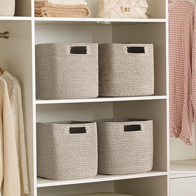 UBBCARE Storage Cubes 11 Inch, Cotton Rope Woven Baskets for Organizing, Cube Storage Bin for Baby Nursery, 4-Pack Square Storage Baskets for Shleves Organizer, Closet, Kidsroom, All Browm