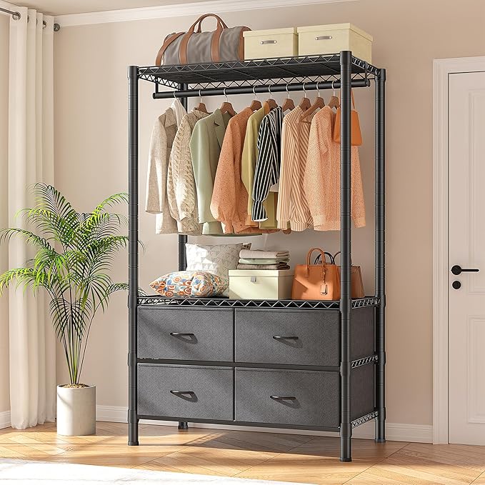 Raybee Clothes Rack, Portable Closet for Bedroom, Dorm, 4 Drawers 4 shelves | Heavy Duty, Tool-Free Assembly, Freestanding, Multi-Function, Adjustable, DIY Layout, Space Saving, Hanging 50+ Clothes