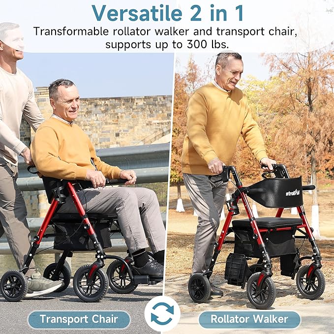 Walkers for Seniors, 2 in 1 Rollator Wheelchairs Combo 10" Big Wheels Walker with Seat, Rollator Transport Chair with Brakes Folding Rolling Walker for Adults, Red