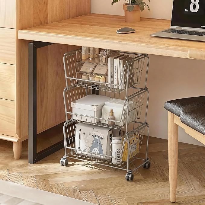 PUSDON Stackable Metal Storage Carts, Dual Use Shelf for Kitchen Fruit Vegetable Baskets with Wheels, Storage Rack for Living Room, Home & Office, Standard Silver Grey 4 Tiers