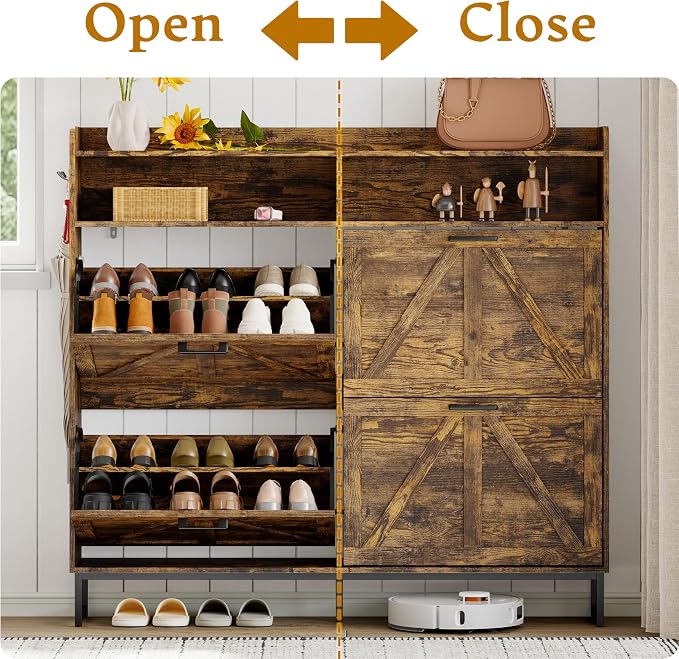 Wodeer Shoe Cabinet Storage for Entryway, Shoe Storage Cabinet with 4 Flip Drawers, Freestanding Narrow Shoe Rack Organizer with Metal Legs, Adjustable Shelves & Open Storage for Foyer, Hallway, Brown