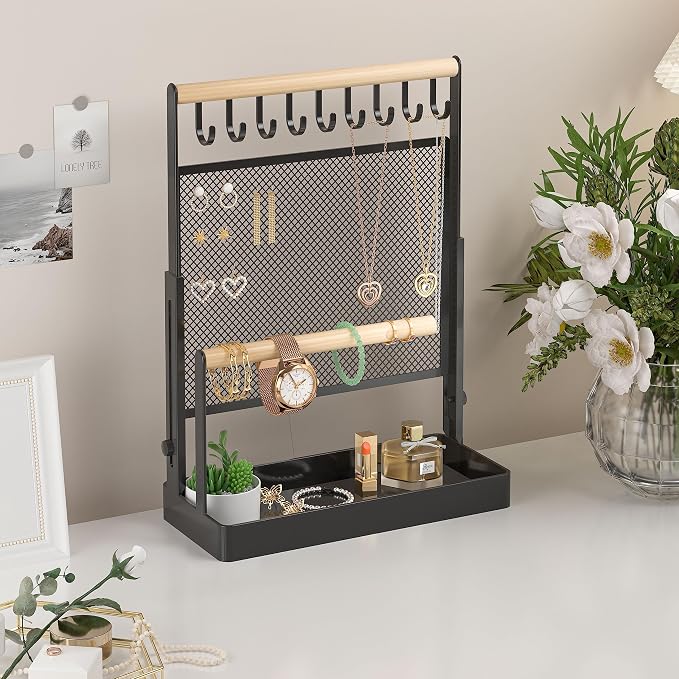 Jewelry Organizer Stand, Liftable Necklace Holder with Earring Organizer Net, 9 Hooks Necklaces Storage Wooden Handing Bar for Bracelets Watches Rings (Black)