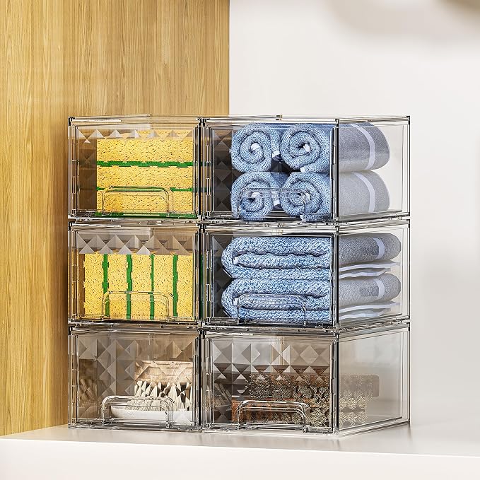 Delamu Stackable Storage Drawers, Makeup, Baby Bottle and Bathroom Cabinet Organizer, Plastic Drawer Organizer for Undersink, Cabinet, Vanity, Kitchen, Pantry, Ideal Gifts for Women, Clear, 4 Pack