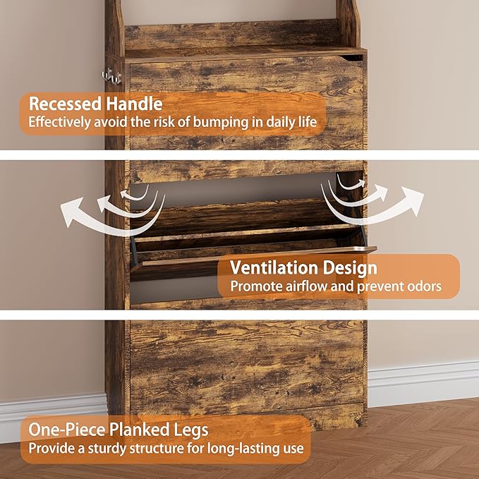 Shoe Storage Cabinet, Wood Shoe Organizer for Entryway with 3 Flip Drawers, Freestanding Shoe Rack with Adjustable Shelf, Narrow Shoe Dresser for Front Door Entrance (Brown, Tall 3 Drawers)