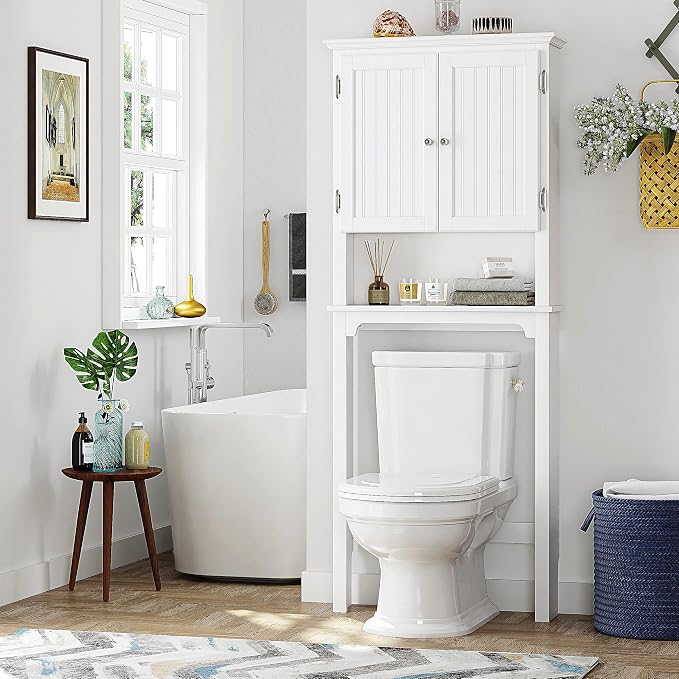 UTEX Over The Toilet Storage Cabinet, White Bathroom Organizer with Doors | FSC-Certified MDF, Adjustable Shelves, Anti-Tip Bracket, 34'' Toilet Clearance, Hidden & Open Storage for Toiletries, Towels