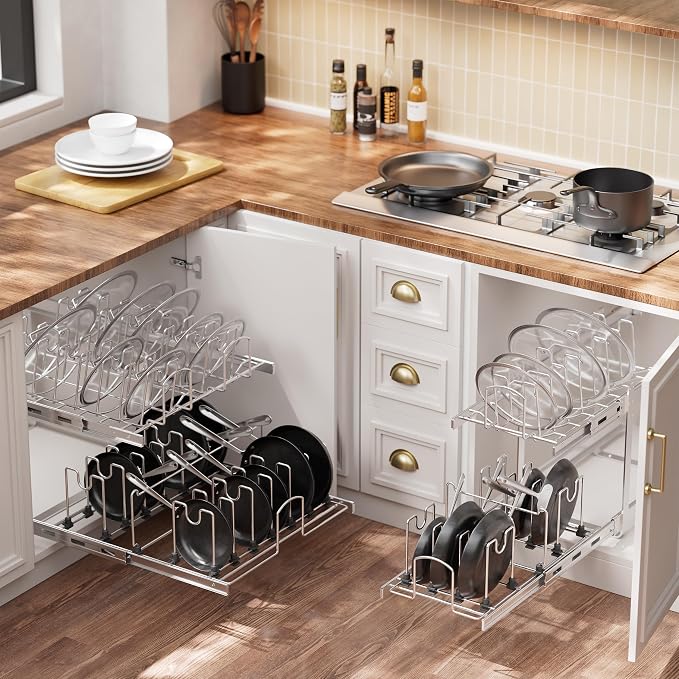 2-Tier Pots and Pans Organizer Under Cabinet Kitchen 12" W *22" D | Pull out Cabinet Organizer for Pots, Pans, and Lid Cookware, Adjustable Heavy Duty Wire Pan and Pot Rack, Full-Extension Rail
