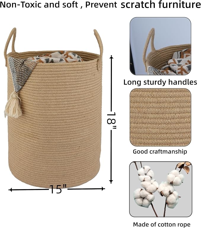 XUANGUO Cotton Rope Laundry Basket Hamper for Clothes Woven Storage Basket for Living Room Bedroom Boho Tall Rope Baskets for Blanket Toys Pillow Towels Baby Nursery Hamper Bin Large jute