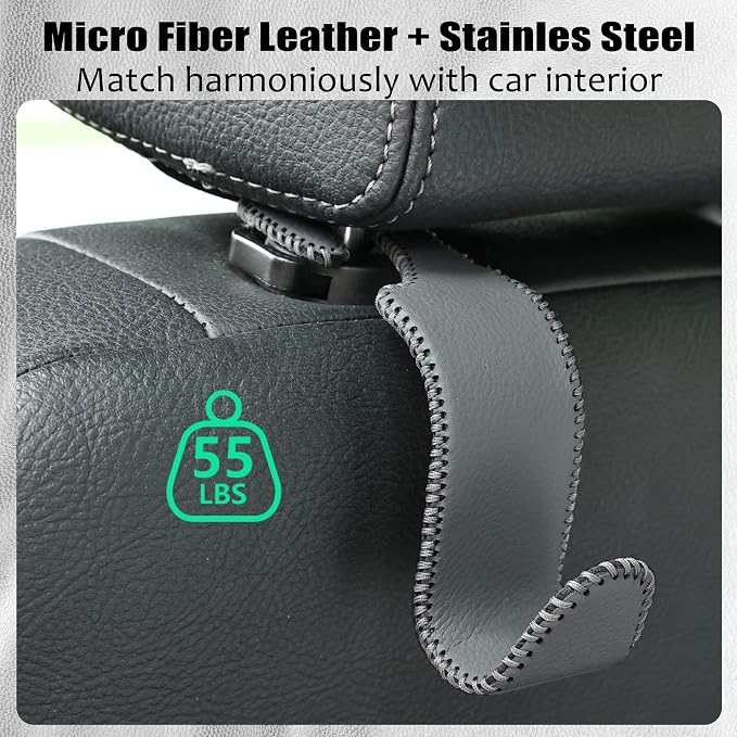 Amooca Car Seat Headrest Hook Universal Vehicle Storage Hanger Leather with Metal Car Seat Back Organizer for Handbag Purse Coat Grey 4 Pack