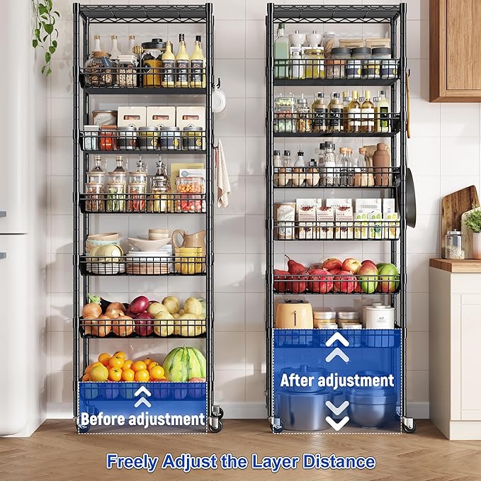 DurayLoly 7-Tier Basket Shelf Wire Shelving Unit with Wheels, Adjustable Storage Shelves with Hooks, 72" H x 24" W x 14" D Pantry Shelves for Kitchen, Bathroom, Closet & Small Spaces, Black