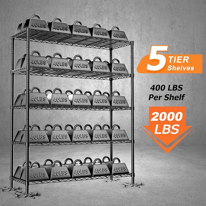 ROOMTEC 5-Tier Adjustable Wire Shelving Unit, 40"x16"x72", 2000 lbs | Heavy Duty Garage Shelf, Tool-free Assembly Metal Shelves, Storage Rack for Garage, Kitchen, Pantry, Laundry, Basement