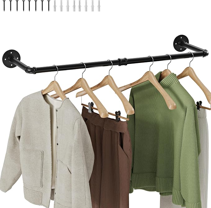 Wall Mounted Clothes Rack, Industrial Pipe Clothing Rack 32 Inch Black, Wall Clothes Hanger for Bedroom, Cloakroom, Closet, Hallway, Boutique Display, Drying Racks Wall-Mount for Laundry