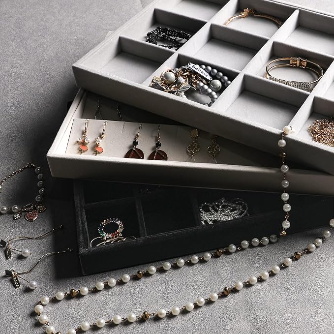 Frebeauty Jewelry Trays for Drawer,Set of 2 Jewelry Organizer and Storage | Velvet Material,Stackable,Adjustable Dividers,Drawer Inserts for Rings Studs Bracelet,Earring Organizer for Women Girls
