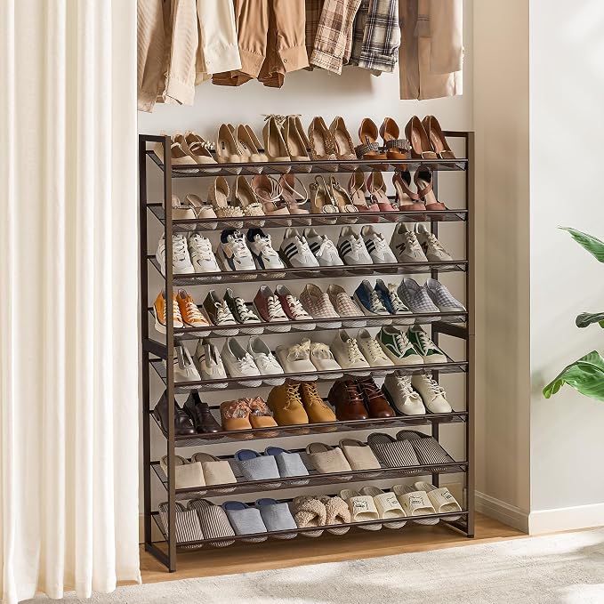 Nunsino Shoe Rack, Long Shoe Organizer,Max Holds 50 Pairs,8 Tier Metal Shoe Storage Shelf,4-Tier Stackable Shoes Organizer for Garage, Entryway,Bronze