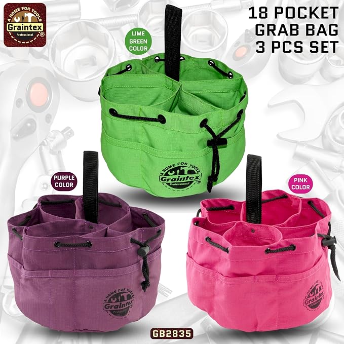 Graintex 18 Pocket Grab Bags Set of 3 Pcs Rip-Stop Canvas, Drawstring Closure, Small Parts Organizer Bag, Small Tools, Screws, Parts, Parachute Tool Bag, Parachute Tool Organizer for Essential Items
