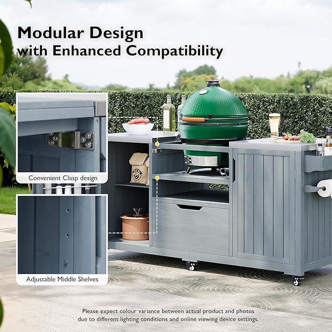Amposei Outdoor Grill Cart Table for Large Big Green Egg Accessories 66.5’’ Solid Wood Kitchen Storage Island Prep Station with Stainless Steel Top for BBQ, Grey Blue