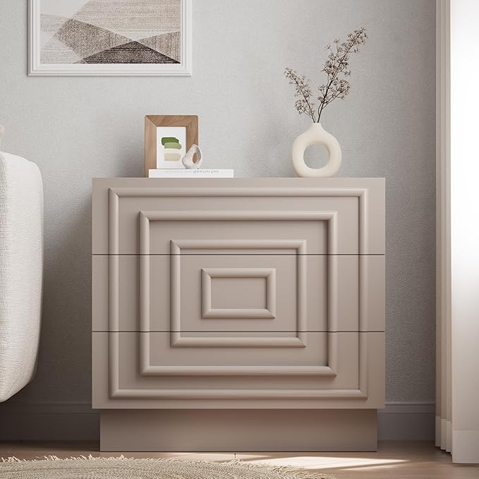 Aoikax Modern 3-Drawer Dresser, Sculptural Mid-Century Drawer of Chest with Geometric Square Pattern, Contemporary Accent Dresser for Bedroom, Living Room, Taupe Color